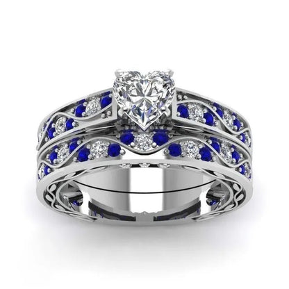 TWO RINGS Sz6 - 12 Couple Rings His Hers Blue Tungsten Mens Wedding Band White Gold Filled Heart CZ Sapphire Womens Ring Sets - WORLD TIME VISITS