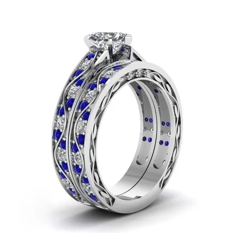 TWO RINGS Sz6-12 Couple Rings His Hers Blue Tungsten Mens Wedding Band White Gold Filled Heart CZ Sapphire Womens Ring Sets
