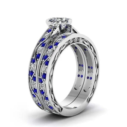 TWO RINGS Sz6-12 Couple Rings His Hers Blue Tungsten Mens Wedding Band White Gold Filled Heart CZ Sapphire Womens Ring Sets