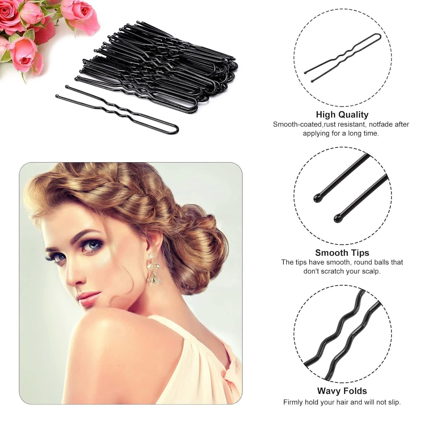 U-Shaped Hair Pins, 200 Count for Women Lady Girls Bobby Pins French Historical Hair Pin Hair Styling Pins Hair Accessories (Black, 2.4 Inch)