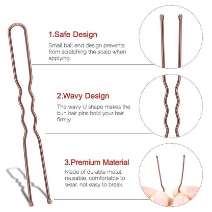 U Shaped Hair Pins,  2.4Inch Hair Pins for Women with Storage Box, Brown