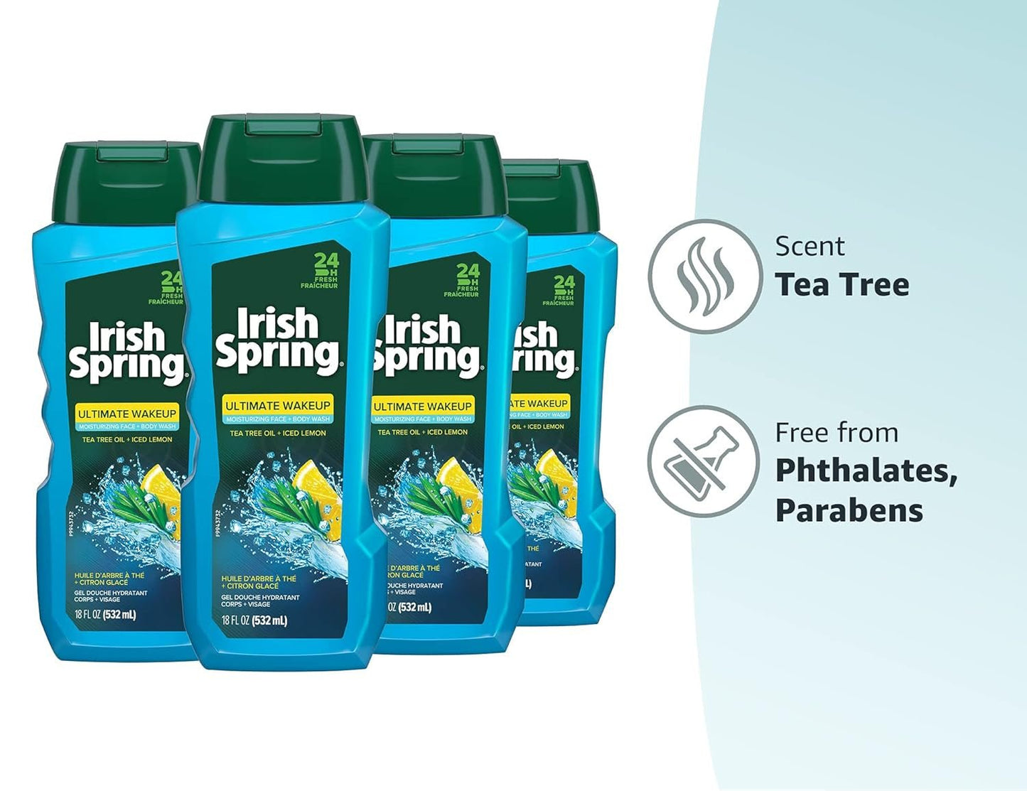 Ultimate Wake up Tea Tree Face & Body Wash for Men, Moisturizing Body Wash Washes Away Bacteria - 18 Fluid Ounce, 4 Pack