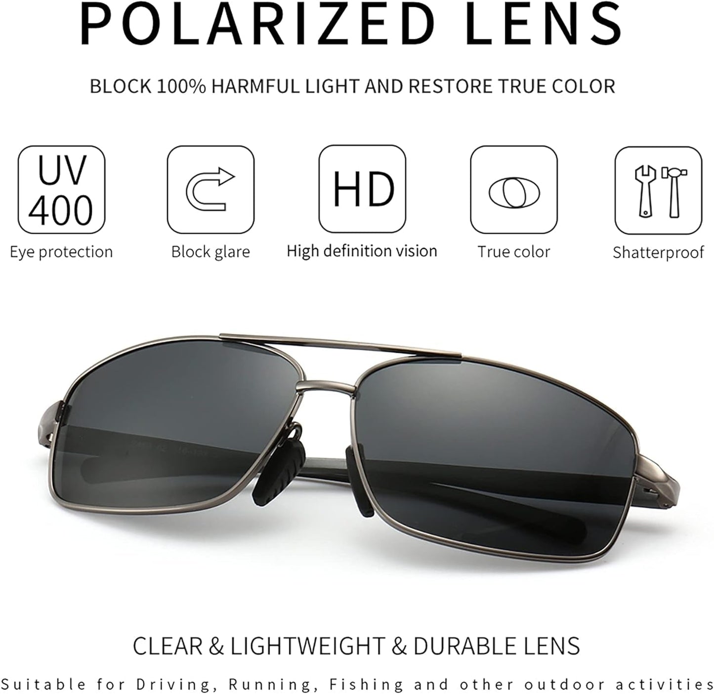 Ultra Lightweight Rectangular Polarized Sunglasses UV400 Protection - WORLD TIME VISITS