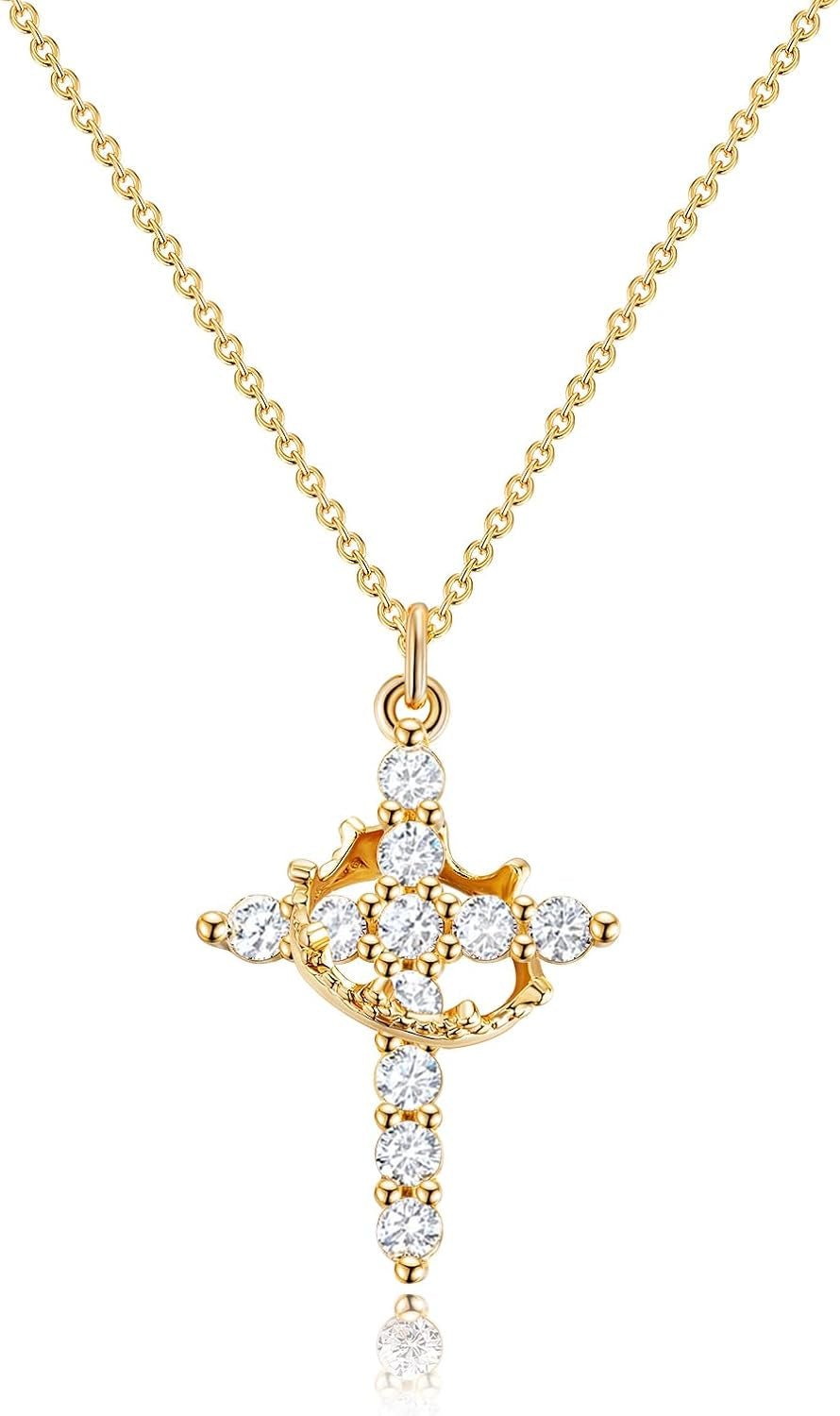 Upgraded Crown Cross Necklace for Women, 14K Gold Plated Crown Cross Pendant Necklace, Non-Tarnish Faith Jewelry for Women, Christian Religious Gifts for Her