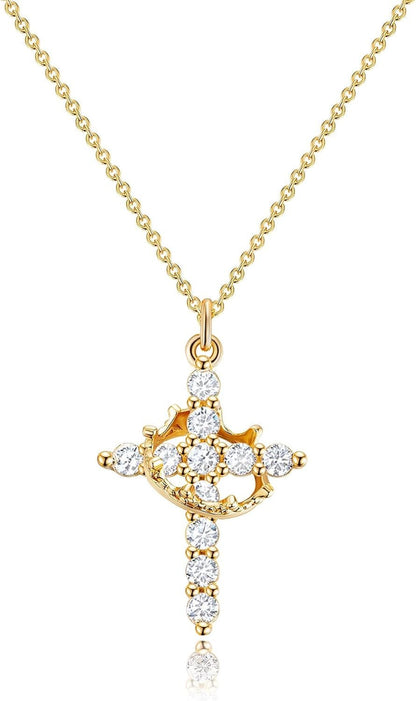 Upgraded Crown Cross Necklace for Women, 14K Gold Plated Crown Cross Pendant Necklace, Non-Tarnish Faith Jewelry for Women, Christian Religious Gifts for Her