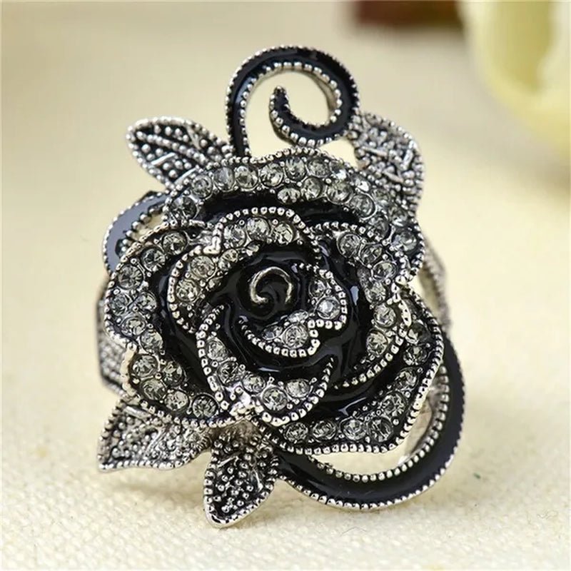 US/UK trendy Women Retro Rose Flower Ring Black Crystal Vantige Big Flower Rings Jewelry Gift - WORLD TIME VISITS