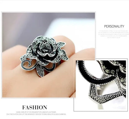 US/UK trendy Women Retro Rose Flower Ring Black Crystal Vantige Big Flower Rings Jewelry Gift