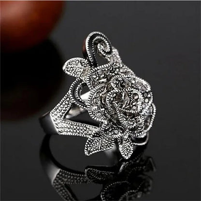 US/UK trendy Women Retro Rose Flower Ring Black Crystal Vantige Big Flower Rings Jewelry Gift