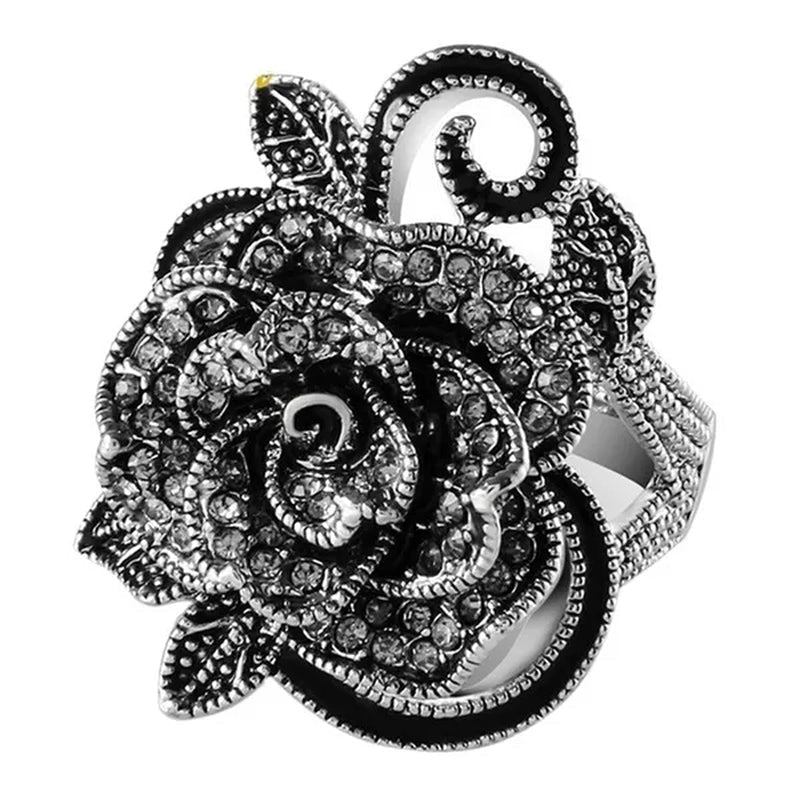 US/UK trendy Women Retro Rose Flower Ring Black Crystal Vantige Big Flower Rings Jewelry Gift