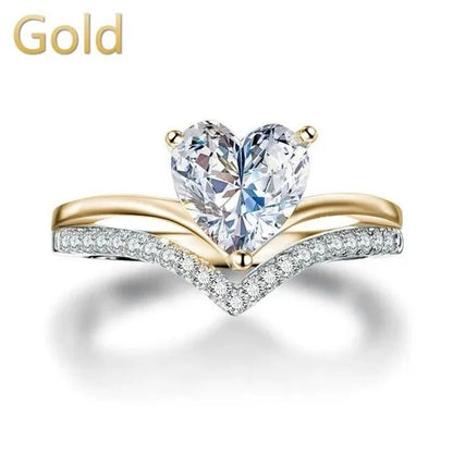 V - shape Solitaire Ring Heart Shape Diamonds Sweet Finger Ring Two Layer Women's Engagement Banquet Ring Exquisite Jewelry - WORLD TIME VISITS
