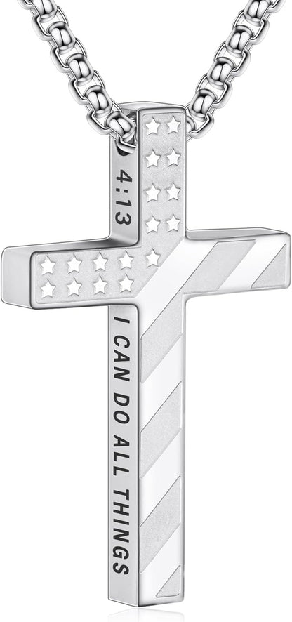 Valentines Day Gifts for Him Cross Necklace for Men Boys, 316L Stainless Steel Chain Pendant Bible Verse Religious Christian Christmas Jewelry Gifts 22+2 Inches - WORLD TIME VISITS