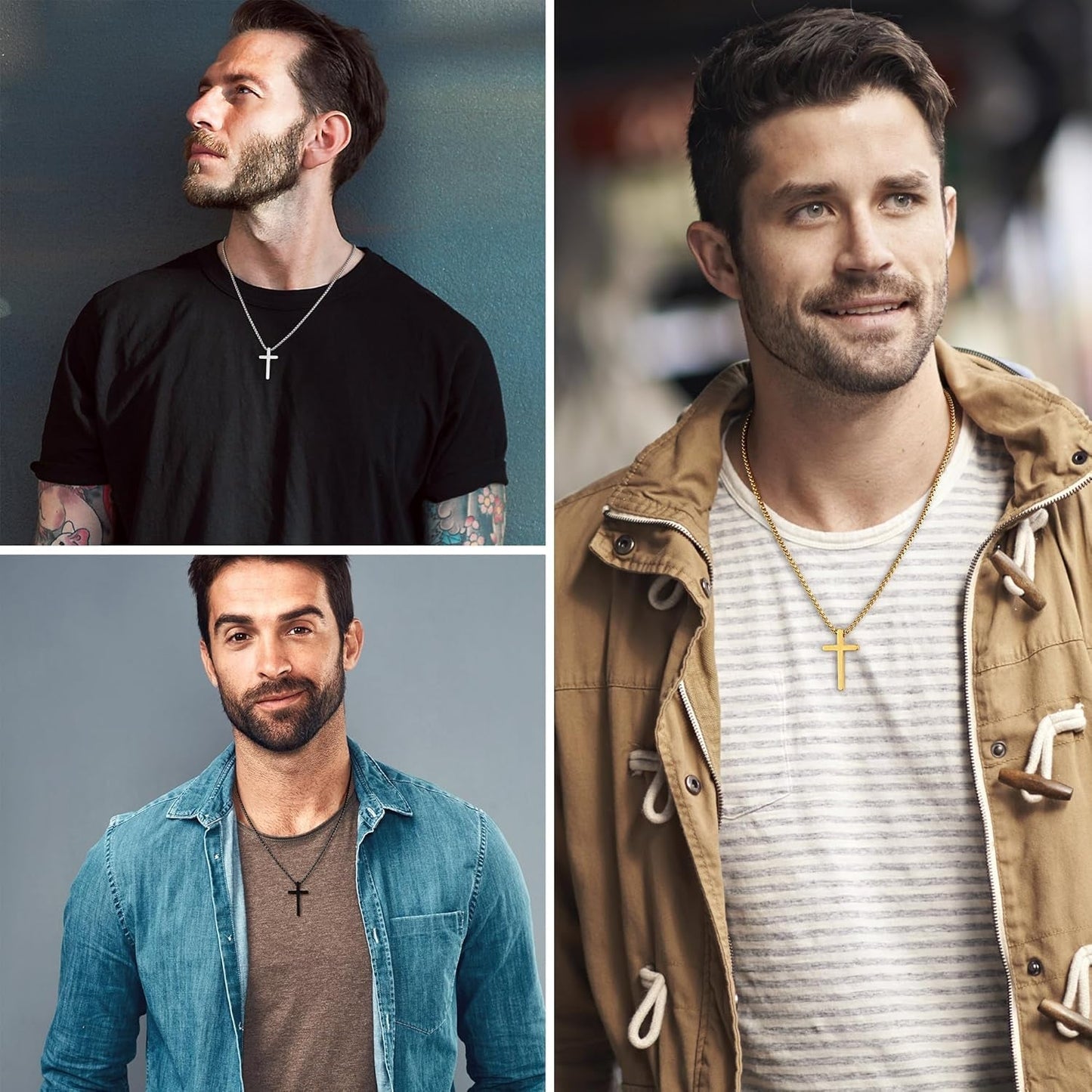 Valentines Gifts - 2 Pcs/3 Pcs Cross Necklace for Men, Silver Black Gold Cross Chain Stainless Steel Cross Pendant Jewelry Gifts for Boys Men 16-30 Inches