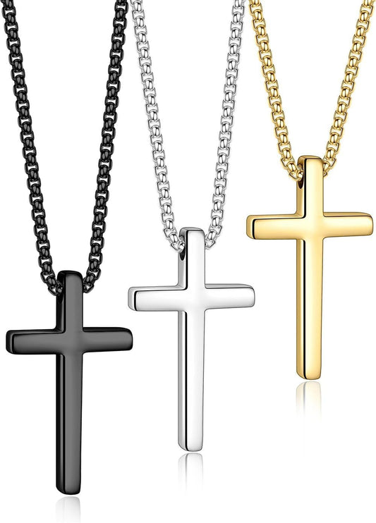 Valentines Gifts - 2 Pcs/3 Pcs Cross Necklace for Men, Silver Black Gold Cross Chain Stainless Steel Cross Pendant Jewelry Gifts for Boys Men 16 - 30 Inches - WORLD TIME VISITS