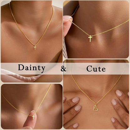 Valentines Gifts for Her Teen Girls Kids - Valentines Day Cross Necklace Dainty 14K-Gold-Plated Cross Pendant Necklaces Simple Tiny Necklace Christian Religious Easter Jewelry Gift for Teenage Girl Women