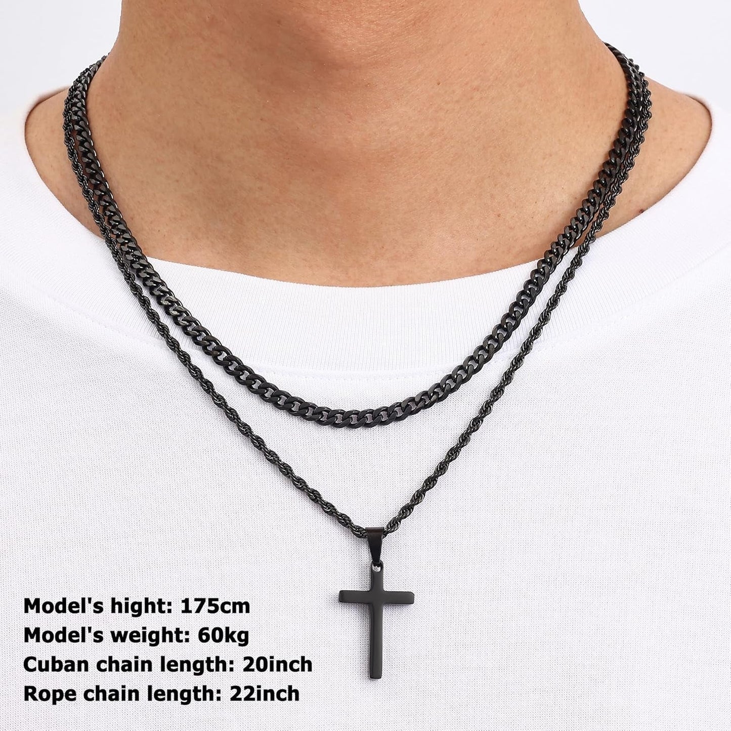 Valentines Gifts for Him - 2 Pcs Cross Necklace Chain for Men and Women, Layered Mens Cross Necklaces Stainless Steel Pendant Cuban Link Rope Chain 16 - 26 Inch, Jewelry Gift - WORLD TIME VISITS