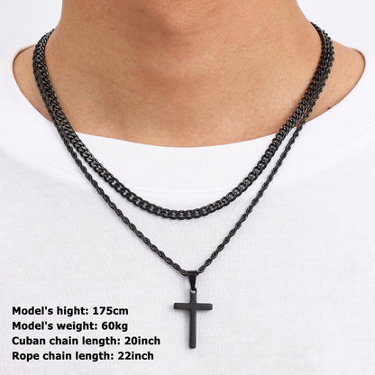 Valentines Gifts for Him - 2 Pcs Cross Necklace Chain for Men and Women, Layered Mens Cross Necklaces Stainless Steel Pendant Cuban Link Rope Chain 16 - 26 Inch, Jewelry Gift - WORLD TIME VISITS