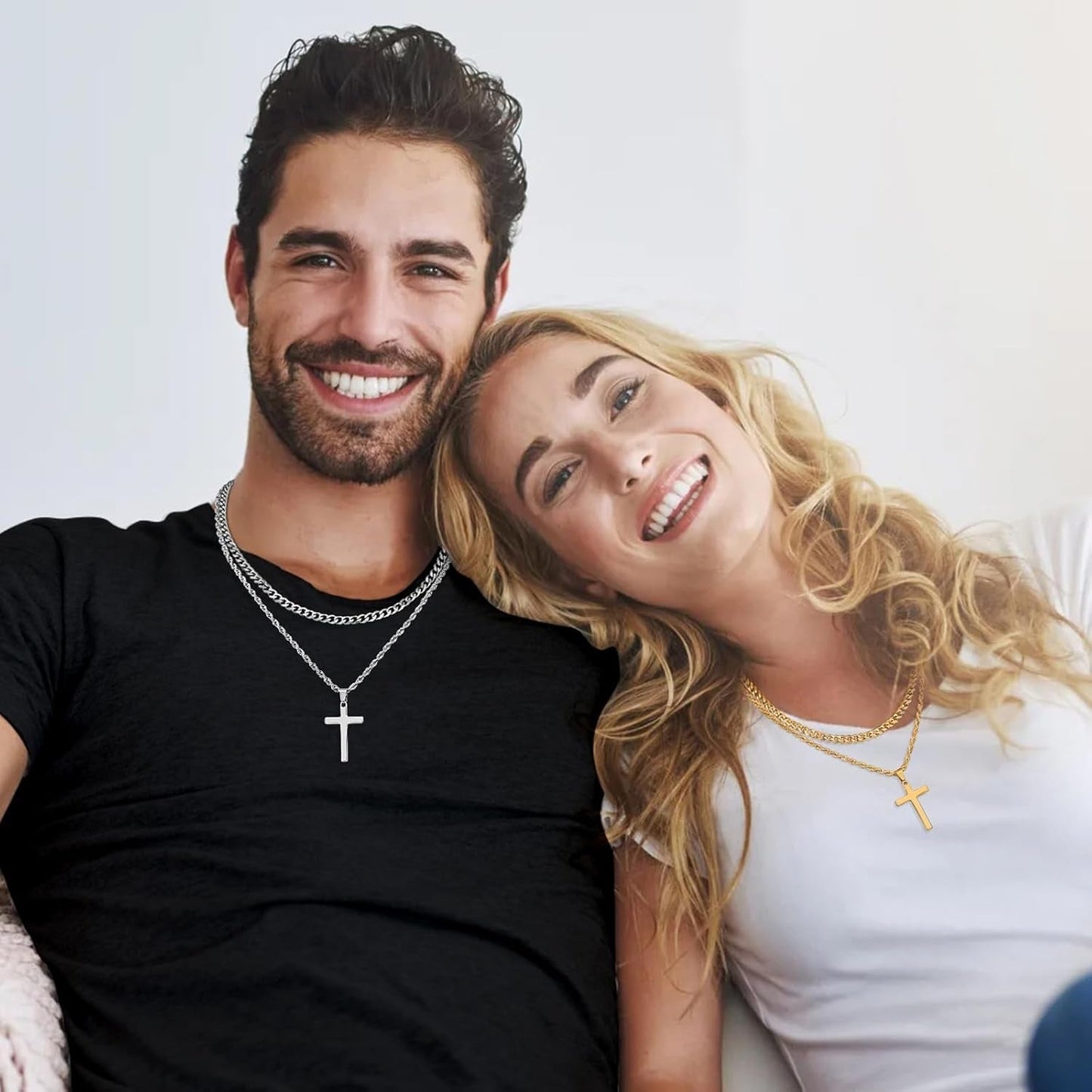 Valentines Gifts for Him - 2 Pcs Cross Necklace Chain for Men and Women, Layered Mens Cross Necklaces Stainless Steel Pendant Cuban Link Rope Chain 16 - 26 Inch, Jewelry Gift - WORLD TIME VISITS