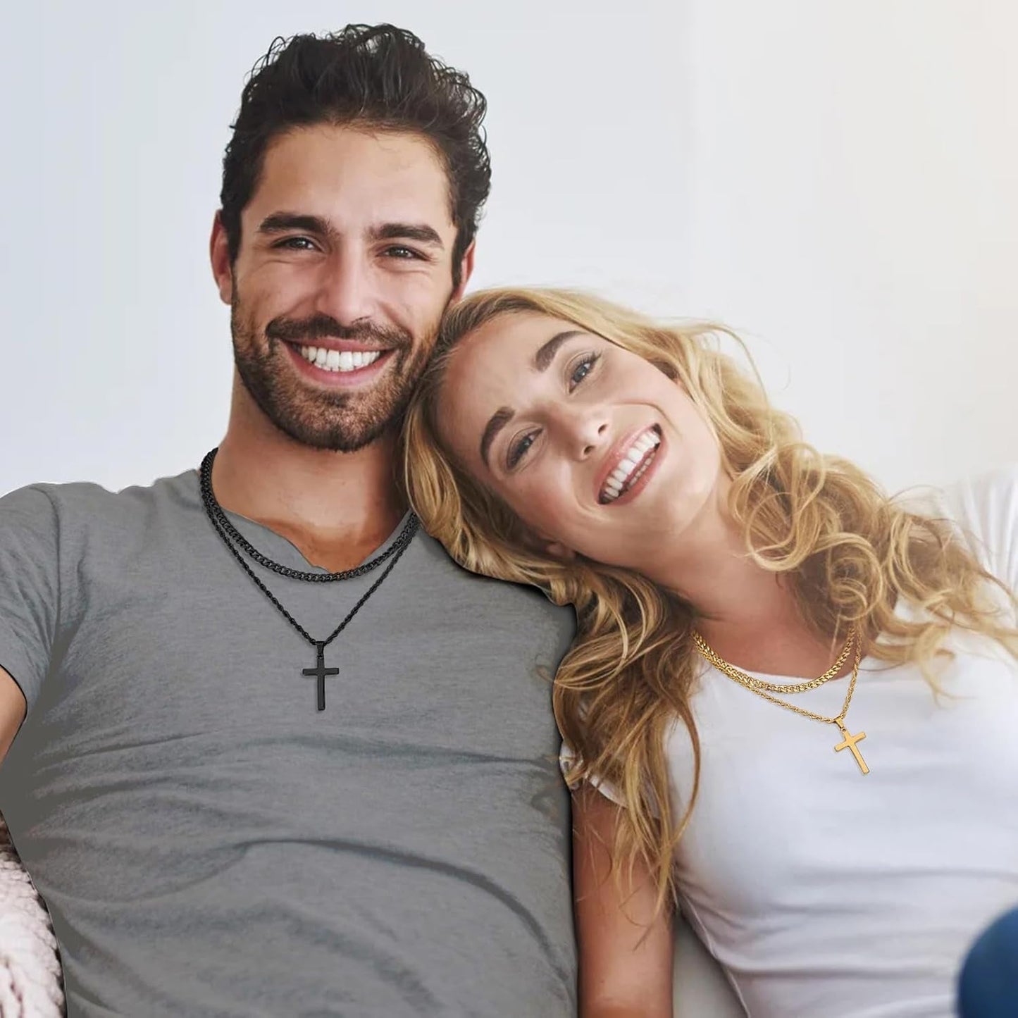 Valentines Gifts for Him - 2 Pcs Cross Necklace Chain for Men and Women, Layered Mens Cross Necklaces Stainless Steel Pendant Cuban Link Rope Chain 16 - 26 Inch, Jewelry Gift - WORLD TIME VISITS