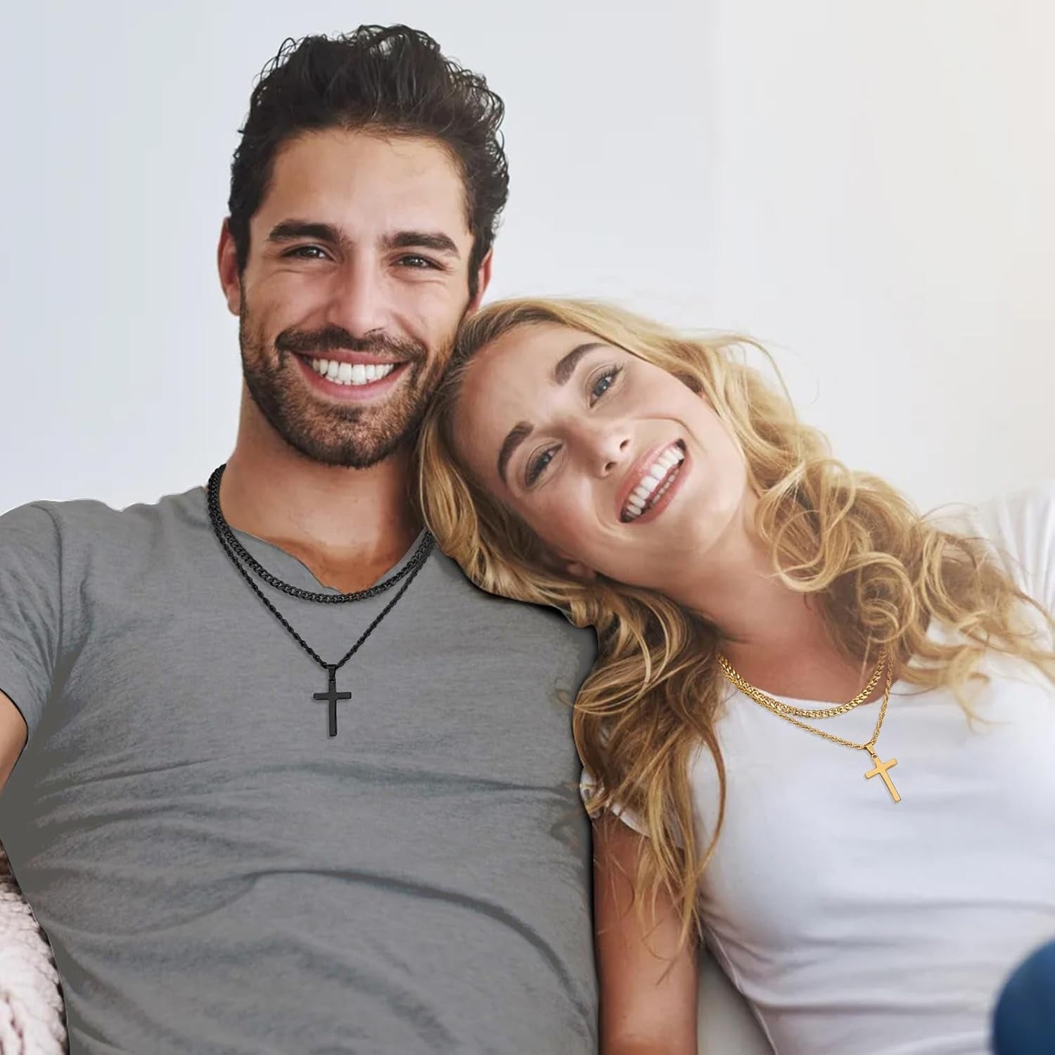 Valentines Gifts for Him - 2 Pcs Cross Necklace Chain for Men and Women, Layered Mens Cross Necklaces Stainless Steel Pendant Cuban Link Rope Chain 16 - 26 Inch, Jewelry Gift - WORLD TIME VISITS