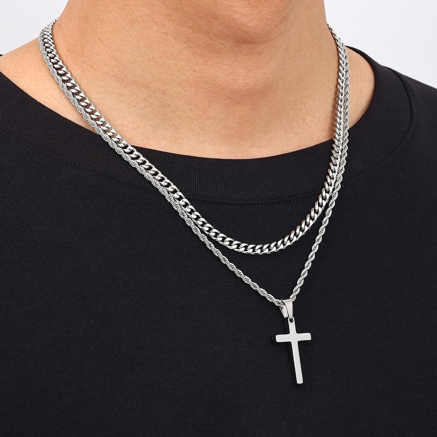 Valentines Gifts for Him - 2 Pcs Cross Necklace Chain for Men and Women, Layered Mens Cross Necklaces Stainless Steel Pendant Cuban Link Rope Chain 16-26 Inch, Jewelry Gift