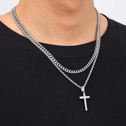 Valentines Gifts for Him - 2 Pcs Cross Necklace Chain for Men and Women, Layered Mens Cross Necklaces Stainless Steel Pendant Cuban Link Rope Chain 16-26 Inch, Jewelry Gift
