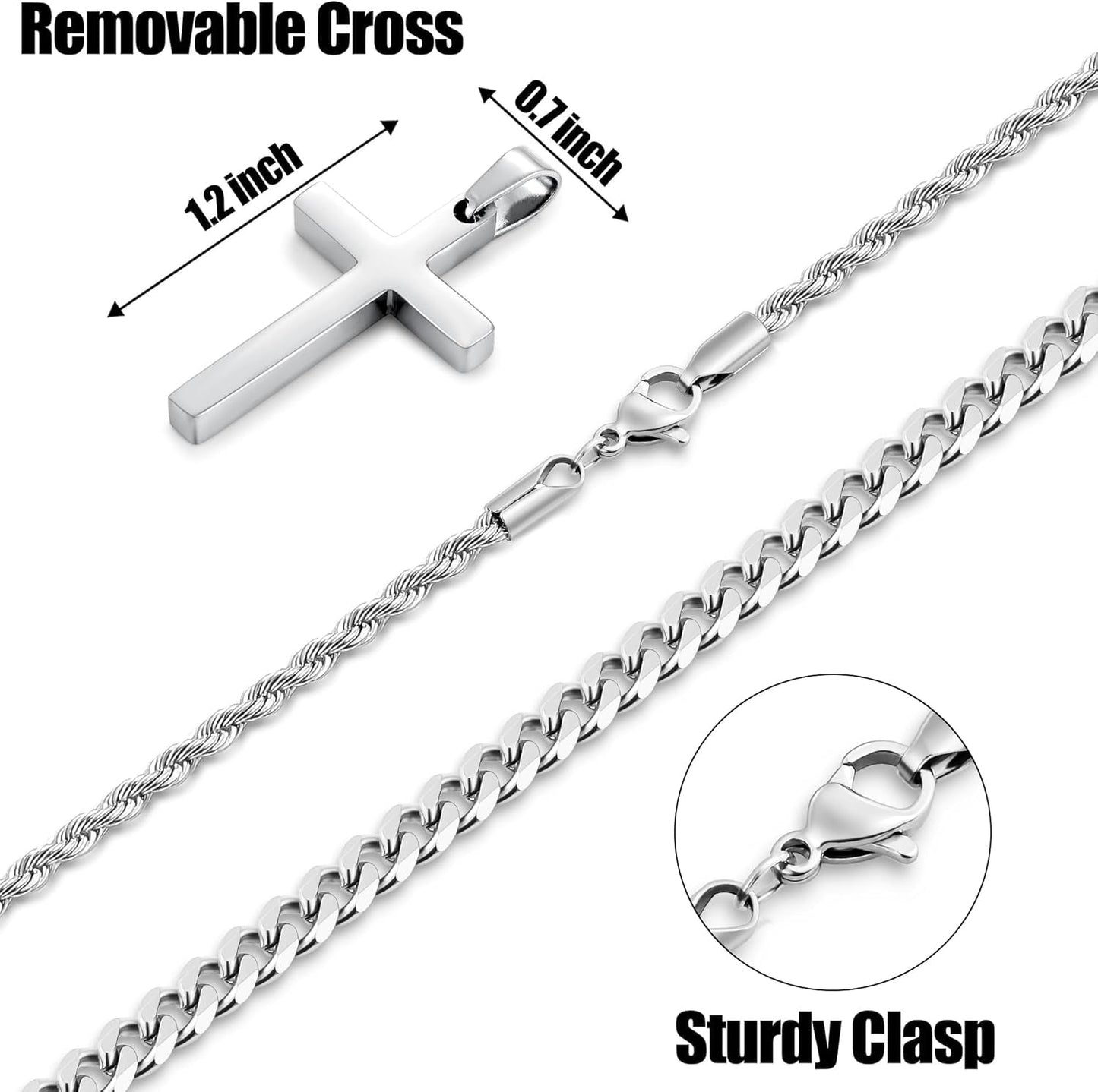 Valentines Gifts for Him - 2 Pcs Cross Necklace Chain for Men and Women, Layered Mens Cross Necklaces Stainless Steel Pendant Cuban Link Rope Chain 16-26 Inch, Jewelry Gift