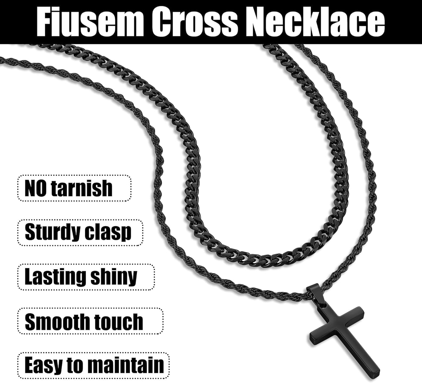 Valentines Gifts for Him - 2 Pcs Cross Necklace Chain for Men and Women, Layered Mens Cross Necklaces Stainless Steel Pendant Cuban Link Rope Chain 16-26 Inch, Jewelry Gift