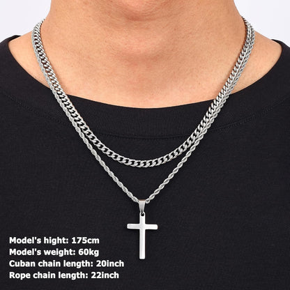 Valentines Gifts for Him - 2 Pcs Cross Necklace Chain for Men and Women, Layered Mens Cross Necklaces Stainless Steel Pendant Cuban Link Rope Chain 16 - 26 Inch, Jewelry Gift - WORLD TIME VISITS