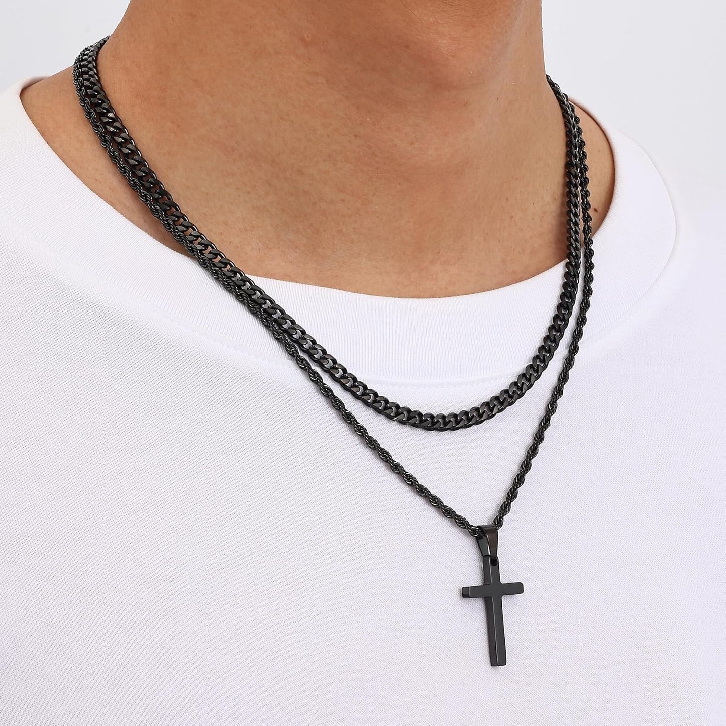 Valentines Gifts for Him - 2 Pcs Cross Necklace Chain for Men and Women, Layered Mens Cross Necklaces Stainless Steel Pendant Cuban Link Rope Chain 16-26 Inch, Jewelry Gift