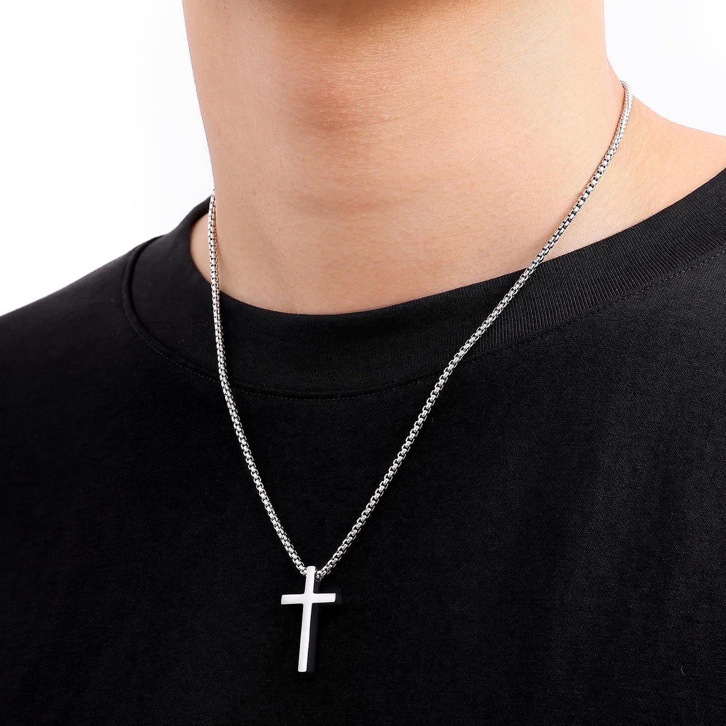 Valentines Gifts for Him - Cross Necklace for Men, Silver/Gold/Black Mens Cross Necklaces with 2.5Mm Cross Chain and Stainless Steel Cross Pendant, Box Chain 16 - 24 Inch, Jewelry Gift - WORLD TIME VISITS