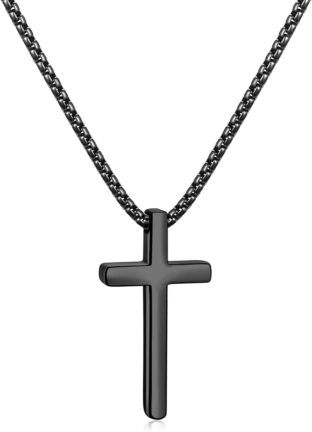 Valentines Gifts for Him - Cross Necklace for Men, Silver/Gold/Black Mens Cross Necklaces with 2.5Mm Cross Chain and Stainless Steel Cross Pendant, Box Chain 16 - 24 Inch, Jewelry Gift - WORLD TIME VISITS