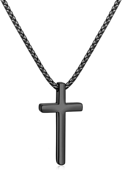 Valentines Gifts for Him - Cross Necklace for Men, Silver/Gold/Black Mens Cross Necklaces with 2.5Mm Cross Chain and Stainless Steel Cross Pendant, Box Chain 16 - 24 Inch, Jewelry Gift - WORLD TIME VISITS
