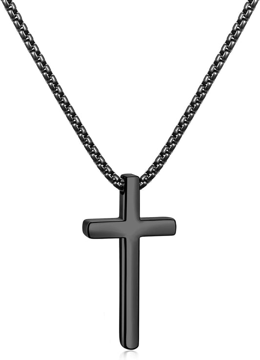 Valentines Gifts for Him - Cross Necklace for Men, Silver/Gold/Black Mens Cross Necklaces with 2.5Mm Cross Chain and Stainless Steel Cross Pendant, Box Chain 16 - 24 Inch, Jewelry Gift - WORLD TIME VISITS