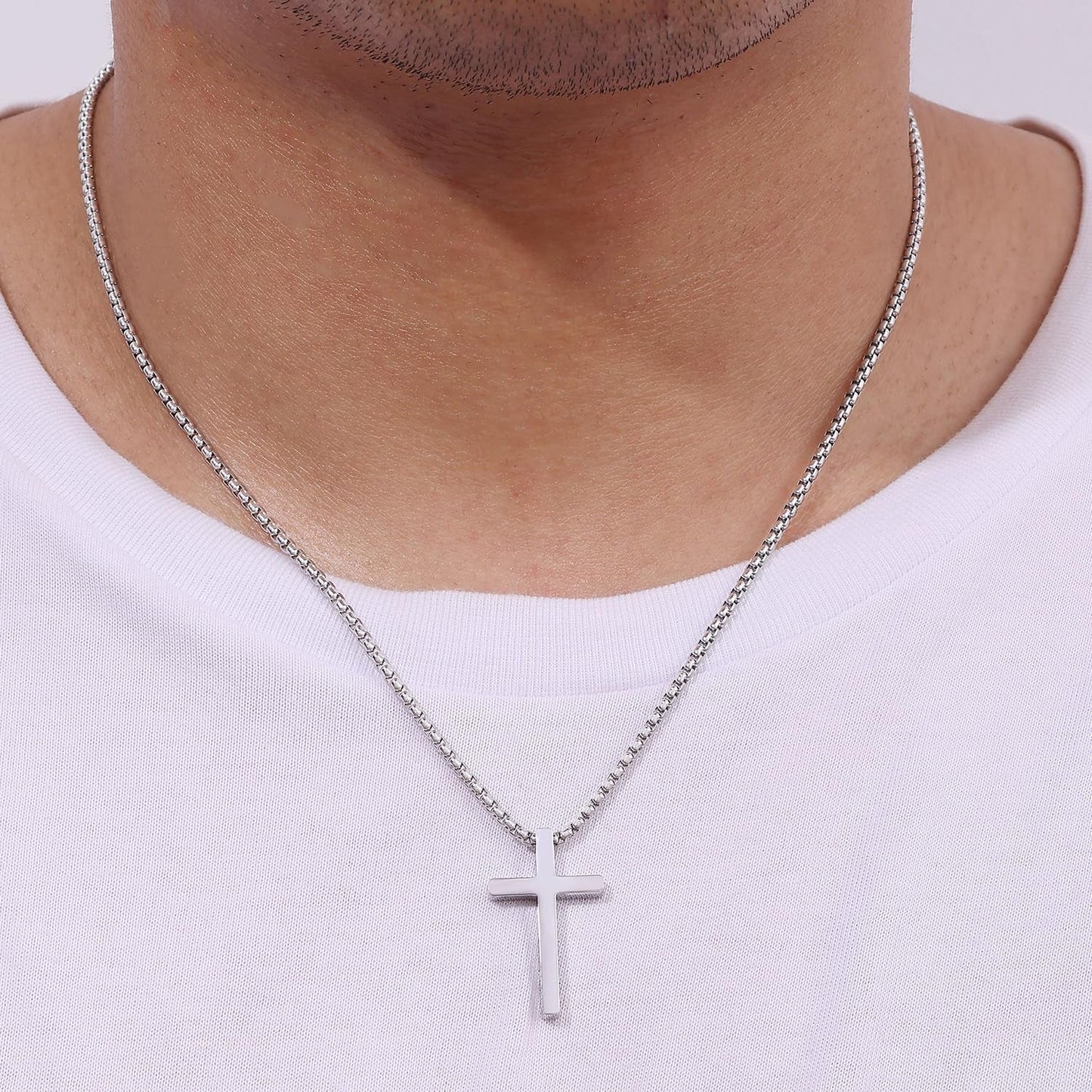 Valentines Gifts for Him - Cross Necklace for Men, Silver/Gold/Black Mens Cross Necklaces with 2.5Mm Cross Chain and Stainless Steel Cross Pendant, Box Chain 16-24 Inch, Jewelry Gift