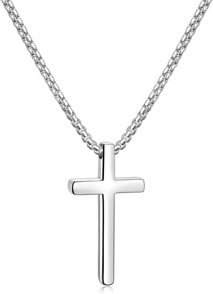 Valentines Gifts for Him - Cross Necklace for Men, Silver/Gold/Black Mens Cross Necklaces with 2.5Mm Cross Chain and Stainless Steel Cross Pendant, Box Chain 16 - 24 Inch, Jewelry Gift - WORLD TIME VISITS