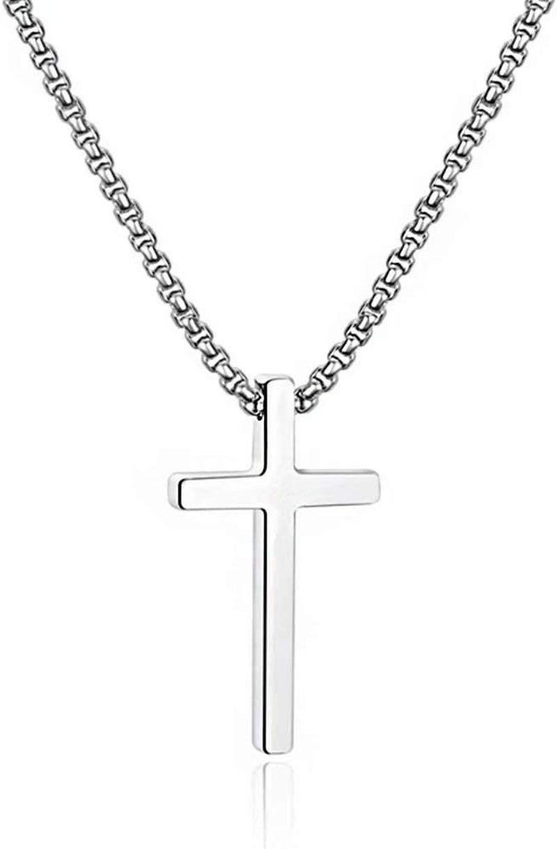 Valentines Gifts for Him Men Teen Boys - Cross Necklace for Men, Silver Black Gold Stainless Steel Plain Cross Pendant Necklace Box Chain 16 - 30 Inch - WORLD TIME VISITS