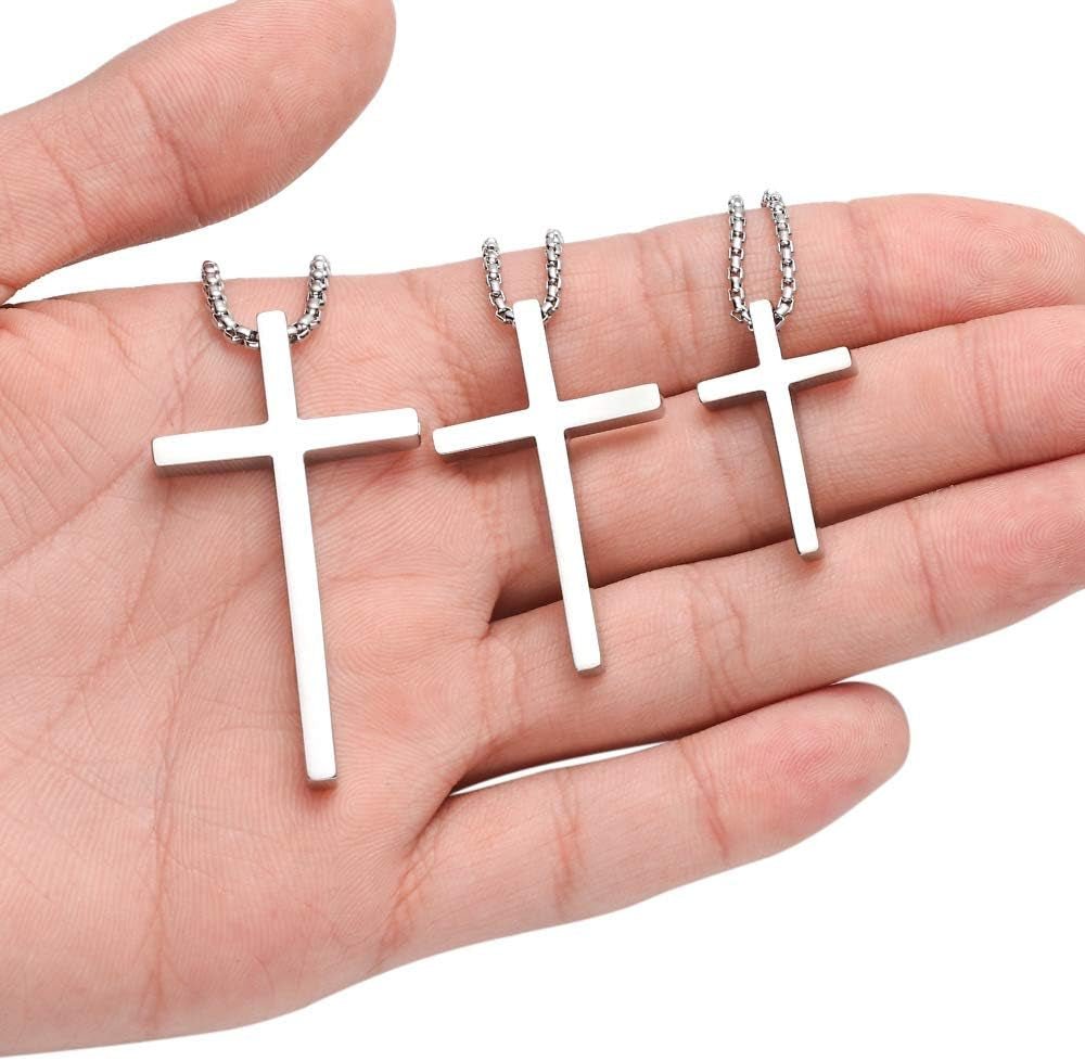 Valentines Gifts for Him Men Teen Boys -Cross Necklace for Men, Silver Black Gold Stainless Steel Plain Cross Pendant Necklace Box Chain 16-30 Inch