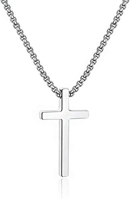 Valentines Gifts for Him Men Teen Boys - Cross Necklace for Men, Silver Black Gold Stainless Steel Plain Cross Pendant Necklace Box Chain 16 - 30 Inch - WORLD TIME VISITS