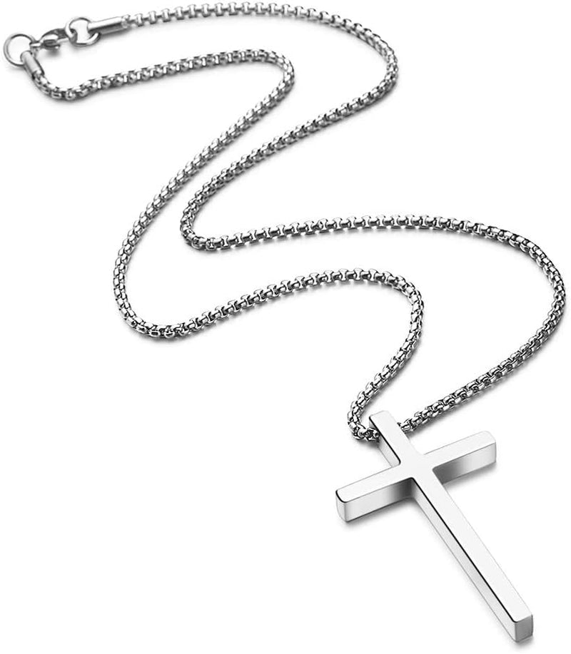 Valentines Gifts for Him Men Teen Boys -Cross Necklace for Men, Silver Black Gold Stainless Steel Plain Cross Pendant Necklace Box Chain 16-30 Inch