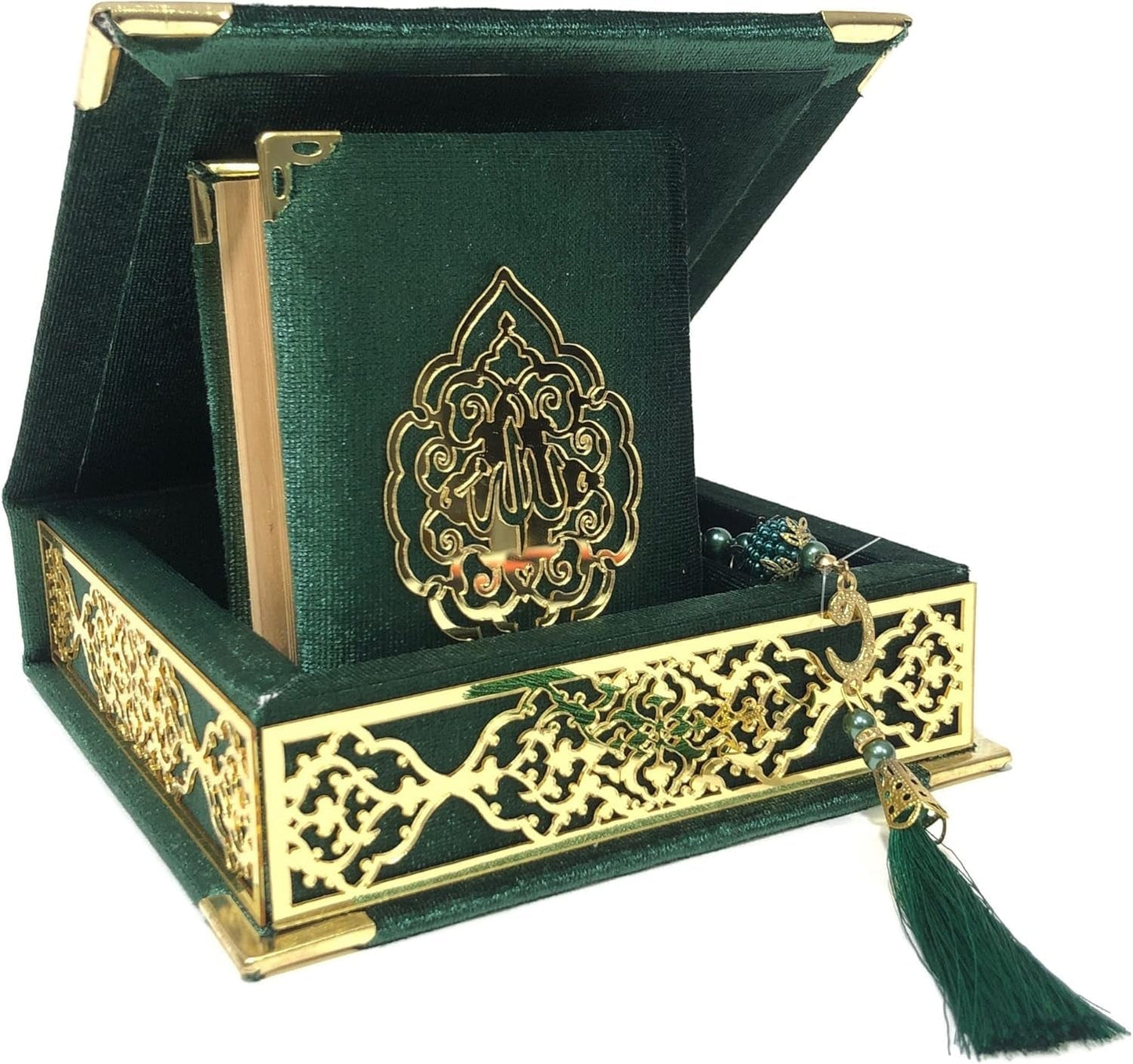 Velvet Covered Quran Tasbeeh Islamic Gift Set | Holy Prayer Beads Wooden Box Birthday, Wedding Islam Graduation Muslim Favor Eid, Ramadan (Green), Small Size / (6 X 6 In) Box - (3.8 4.85 - WORLD TIME VISITS