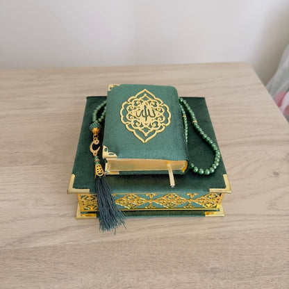 Velvet Covered Quran Tasbeeh Islamic Gift Set | Holy Prayer Beads Wooden Box Birthday, Wedding Islam Graduation Muslim Favor Eid, Ramadan (Green), Small Size / (6 X 6 In) Box-(3.8 4.85
