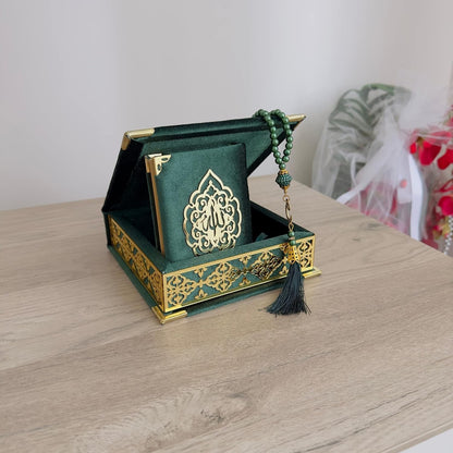 Velvet Covered Quran Tasbeeh Islamic Gift Set | Holy Prayer Beads Wooden Box Birthday, Wedding Islam Graduation Muslim Favor Eid, Ramadan (Green), Small Size / (6 X 6 In) Box-(3.8 4.85
