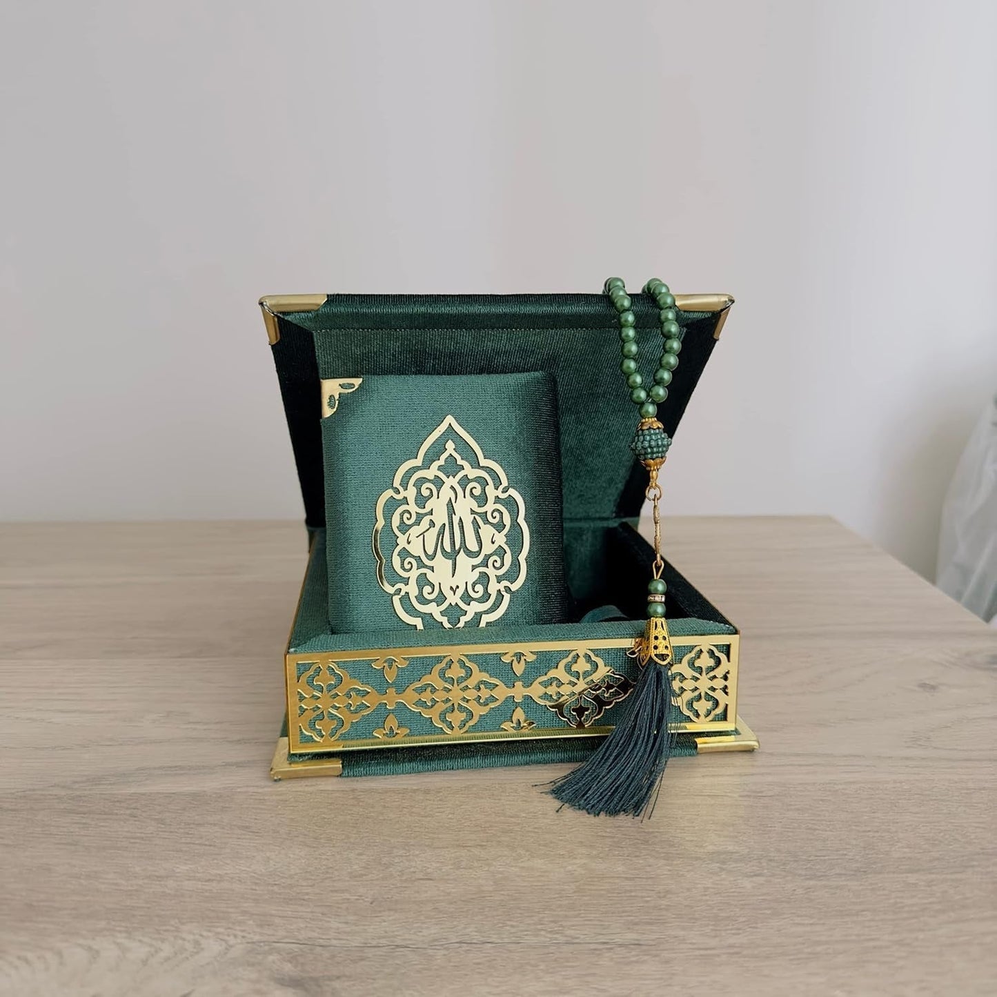 Velvet Covered Quran Tasbeeh Islamic Gift Set | Holy Prayer Beads Wooden Box Birthday, Wedding Islam Graduation Muslim Favor Eid, Ramadan (Green), Small Size / (6 X 6 In) Box-(3.8 4.85