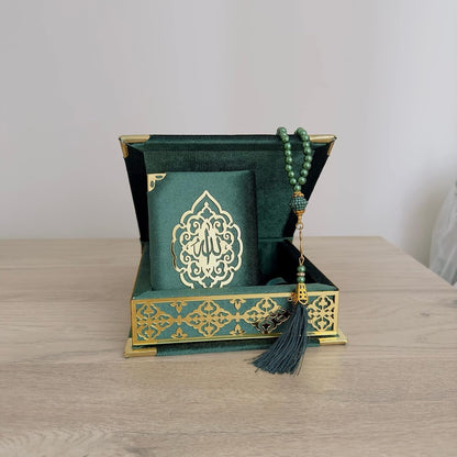 Velvet Covered Quran Tasbeeh Islamic Gift Set | Holy Prayer Beads Wooden Box Birthday, Wedding Islam Graduation Muslim Favor Eid, Ramadan (Green), Small Size / (6 X 6 In) Box-(3.8 4.85