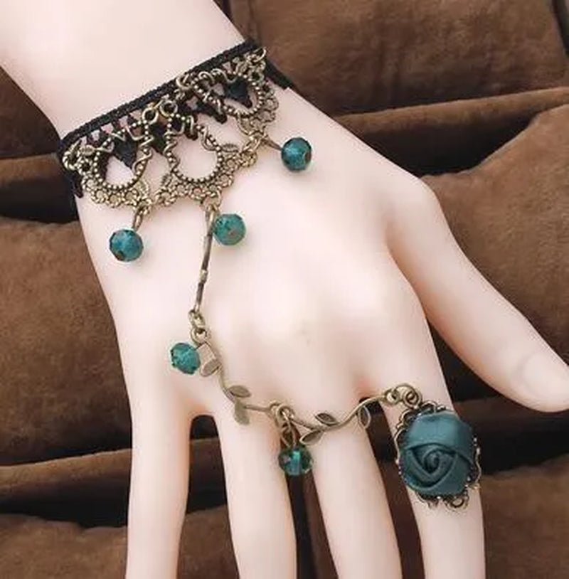 Victorian Style Black Lace Floral Rose Flower Link Chain Slave Bracelet Ring Set Goth