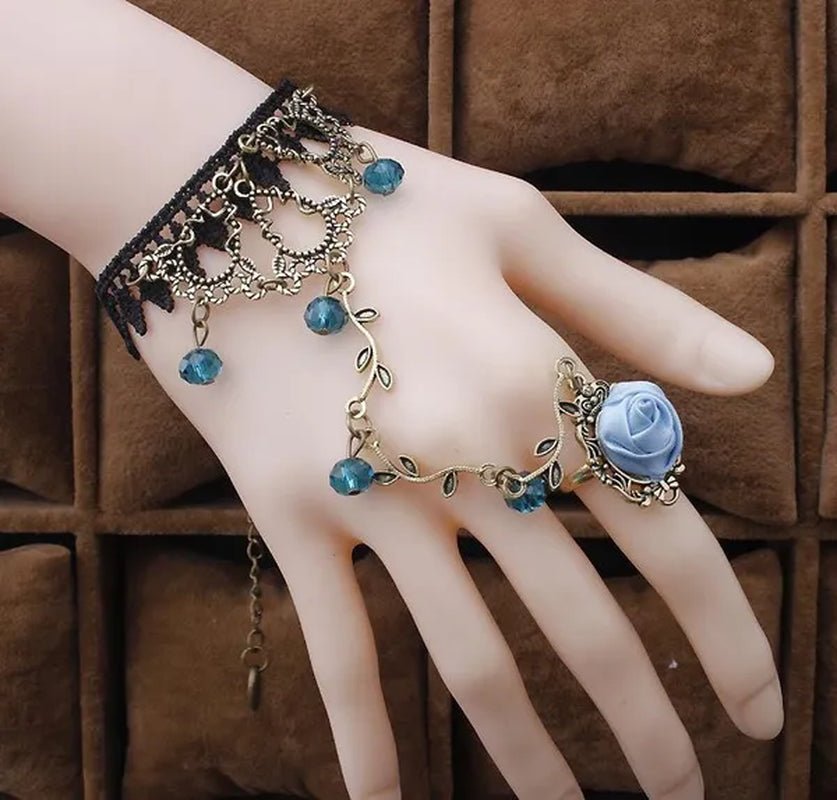 Victorian Style Black Lace Floral Rose Flower Link Chain Slave Bracelet Ring Set Goth