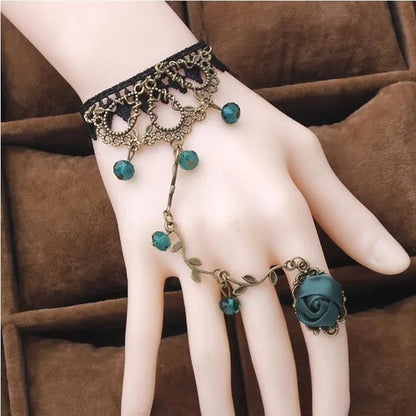 Victorian Style Black Lace Floral Rose Flower Link Chain Slave Bracelet Ring Set Goth