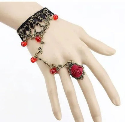 Victorian Style Black Lace Floral Rose Flower Link Chain Slave Bracelet Ring Set Goth