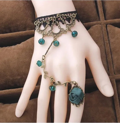 Victorian Style Black Lace Floral Rose Flower Link Chain Slave Bracelet Ring Set Goth