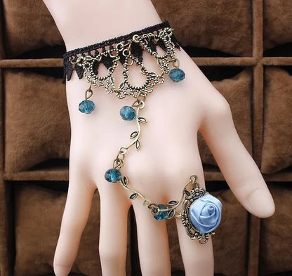 Victorian Style Black Lace Floral Rose Flower Link Chain Slave Bracelet Ring Set Goth